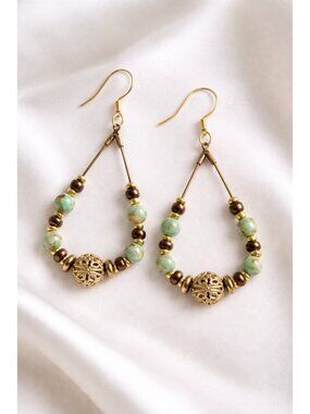 REIMAGINED Green Chalcedony Teardrop Earrings Gold Plated 925 Silver Hooks 3”